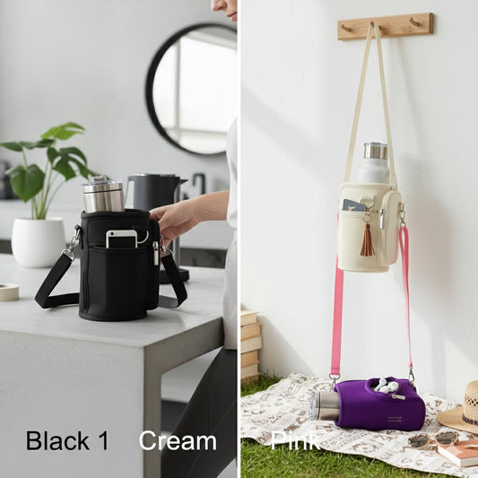 Hands-Free Tumbler Holder: Durable Half-Size Travel Sleeve with Storage - Black